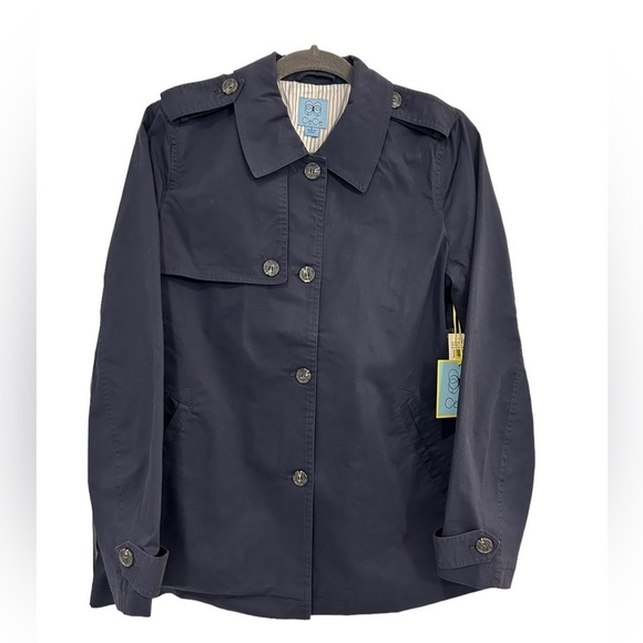 CeCe Mid length Trench Coat Sz 8 Cotton Twill Dark Blue City Chic Commuter NWT - Picture 1 of 8